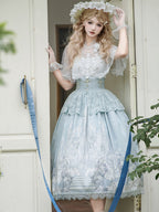 Hime Lolita Tea Party Fashion Vintage Sky Blue Castle Print Dress Lace One-piece Dress