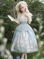 Hime Lolita Tea Party Fashion Vintage Sky Blue Castle Print Dress Lace One-piece Dress