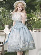 Hime Lolita Tea Party Fashion Vintage Sky Blue Castle Print Dress Lace One-piece Dress