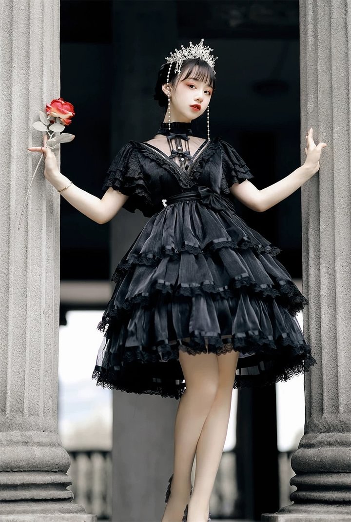 Hime Lolita White Black Short-sleeved Ruffle Lace Romance Outfit Elegant