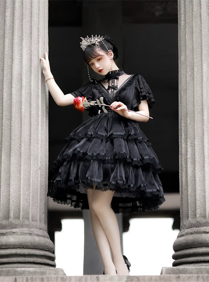 Hime Lolita White Black Short-sleeved Ruffle Lace Romance Outfit Elegant