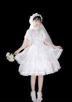 Hime Lolita White Black Short-sleeved Ruffle Lace Romance Outfit Elegant