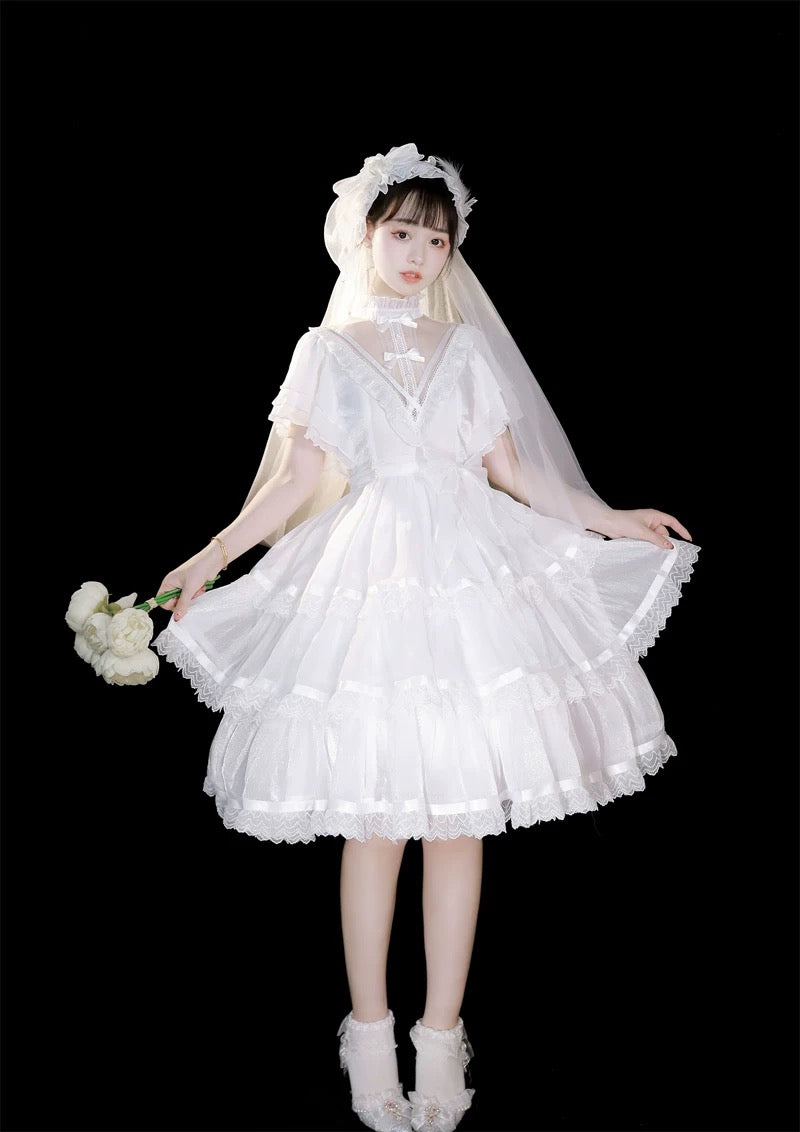 Hime Lolita White Black Short-sleeved Ruffle Lace Romance Outfit Elegant
