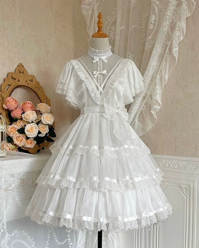 Hime Lolita White Black Short-sleeved Ruffle Lace Romance Outfit Elegant