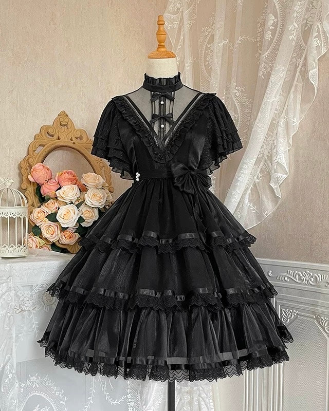Hime Lolita White Black Short-sleeved Ruffle Lace Romance Outfit Elegant