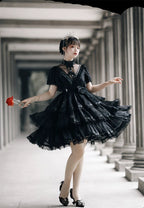 Hime Lolita White Black Short-sleeved Ruffle Lace Romance Outfit Elegant