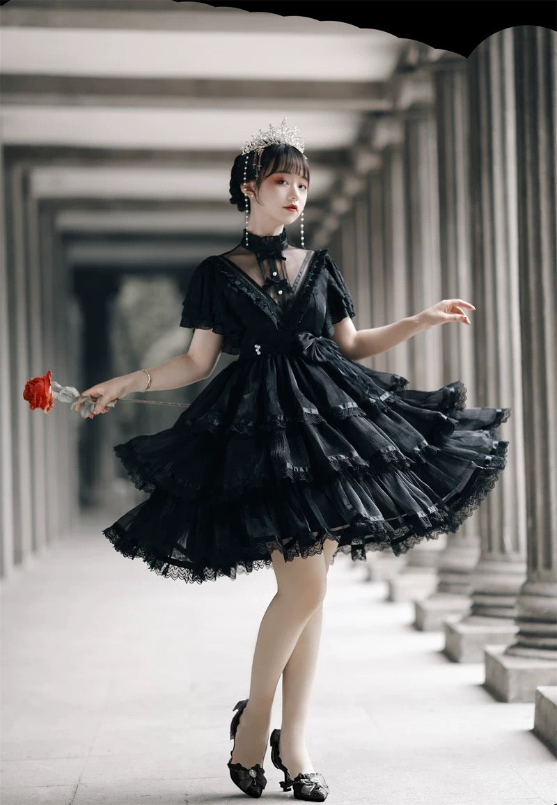 Hime Lolita White Black Short-sleeved Ruffle Lace Romance Outfit Elegant