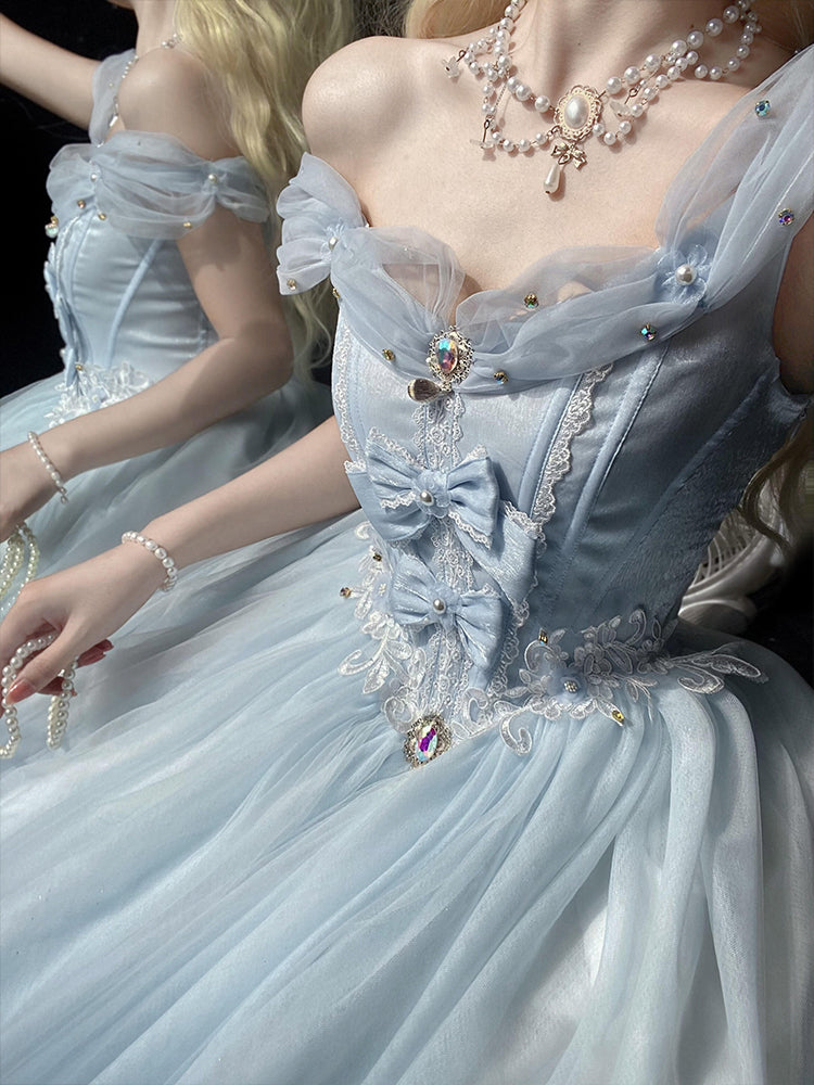 Hime Lolita Light Blue Off Shoulder Tulle Lolita Dress with Sheer Train Bow Embellished Bodice Jumper Skirt