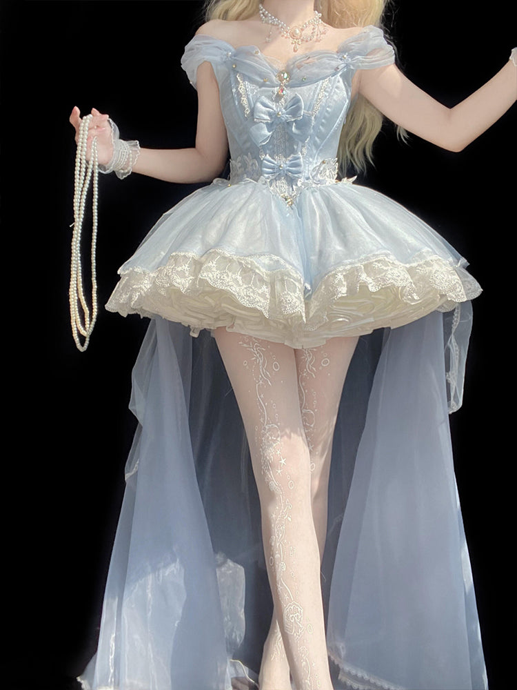Hime Lolita Light Blue Off Shoulder Tulle Lolita Dress with Sheer Train Bow Embellished Bodice Jumper Skirt