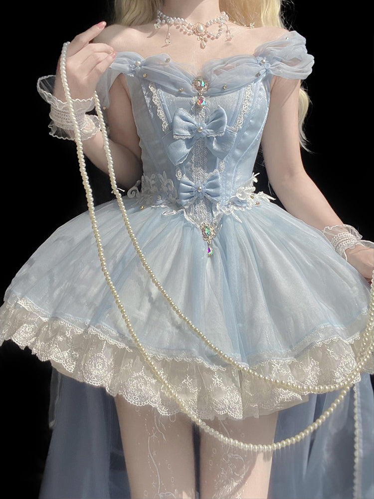 Hime Lolita Light Blue Off Shoulder Tulle Lolita Dress with Sheer Train Bow Embellished Bodice Jumper Skirt