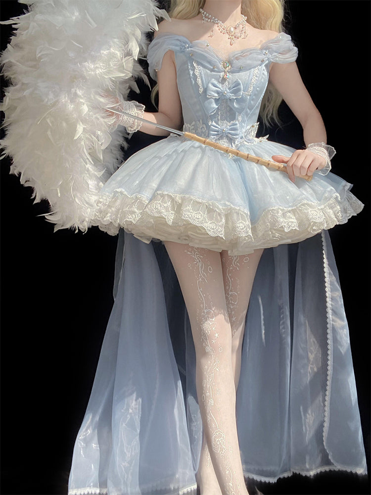 Hime Lolita Light Blue Off Shoulder Tulle Lolita Dress with Sheer Train Bow Embellished Bodice Jumper Skirt