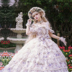 Hime Lolita Tea Party Fashion Ethereal Floral Blue Layer Lace Dress with Whimsical Accents