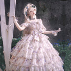 Hime Lolita Tea Party Fashion Ethereal Floral Blue Layer Lace Dress with Whimsical Accents