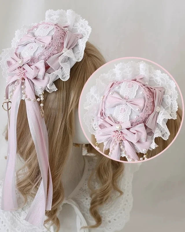 Lolita Hair Accessory Classic Lace Ice Blue Bonnet Hat Bow Hair Clips for Christmas