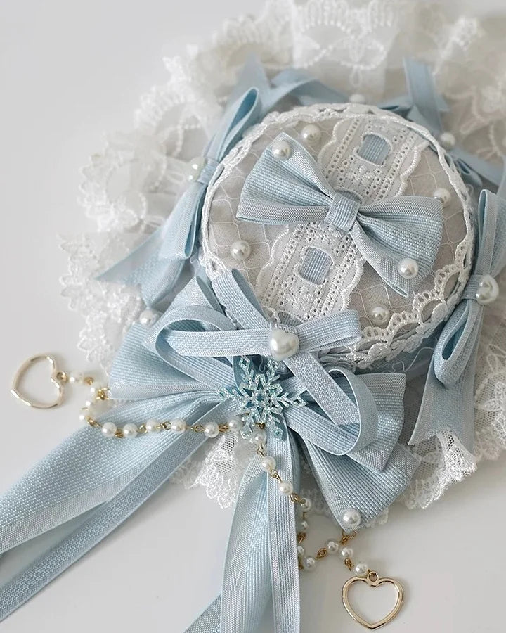 Lolita Hair Accessory Classic Lace Ice Blue Bonnet Hat Bow Hair Clips for Christmas