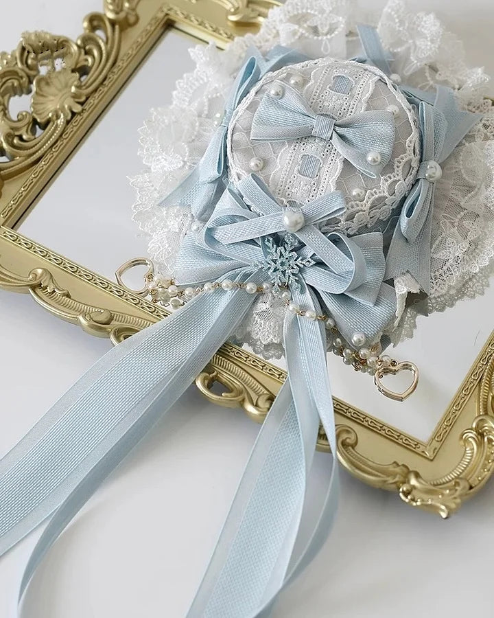 Lolita Hair Accessory Classic Lace Ice Blue Bonnet Hat Bow Hair Clips for Christmas