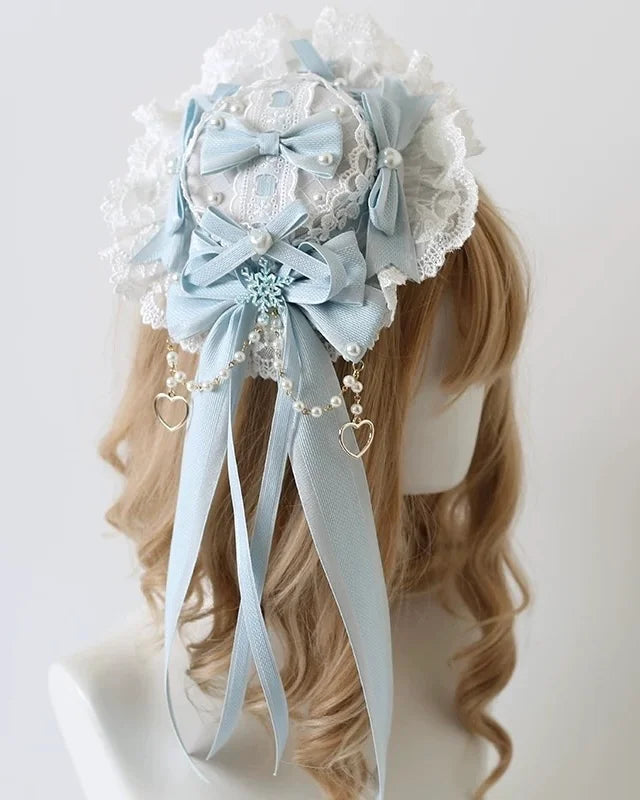 Lolita Hair Accessory Classic Lace Ice Blue Bonnet Hat Bow Hair Clips for Christmas