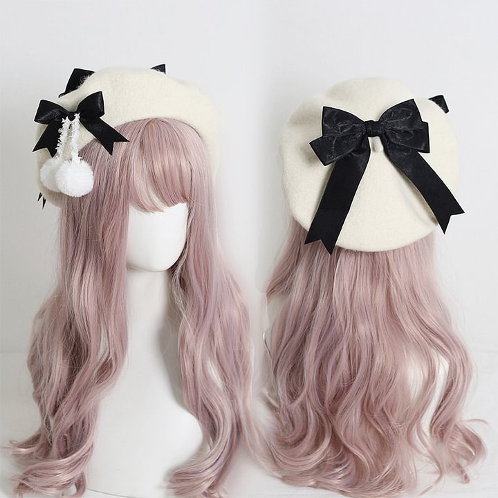 Japanese Beret Lolita Sweet Woolen Pom-pom Bow Autumn and Winter Thermal Hat