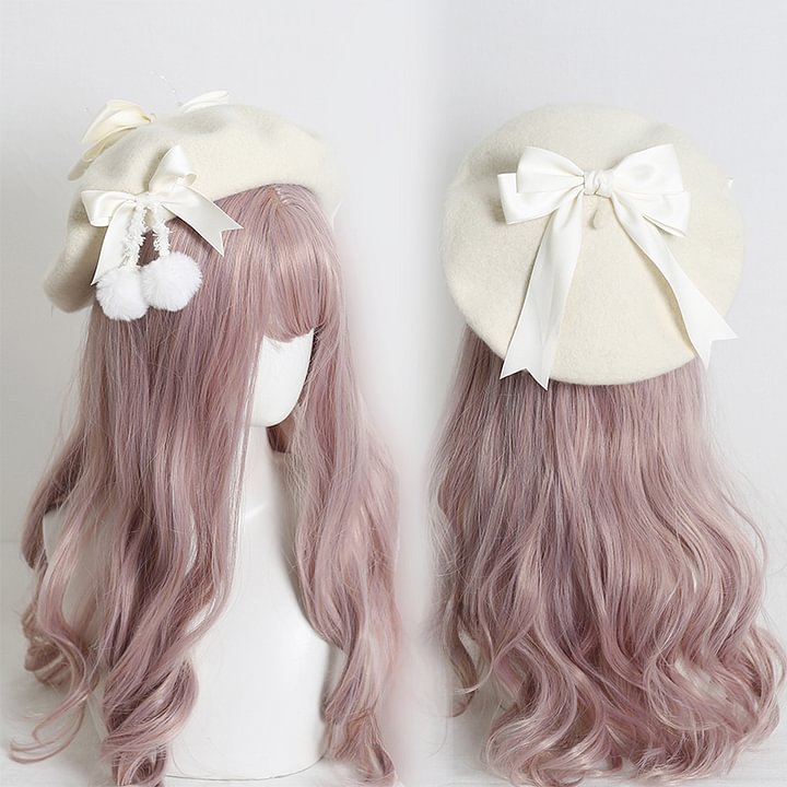 Japanese Beret Lolita Sweet Woolen Pom-pom Bow Autumn and Winter Thermal Hat