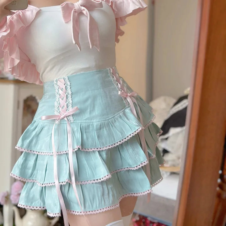 Japanese Cute Sweet Cool Girl Waist Elastic Cake Short Skirt Spring Summer Lolita Lolita Dresses