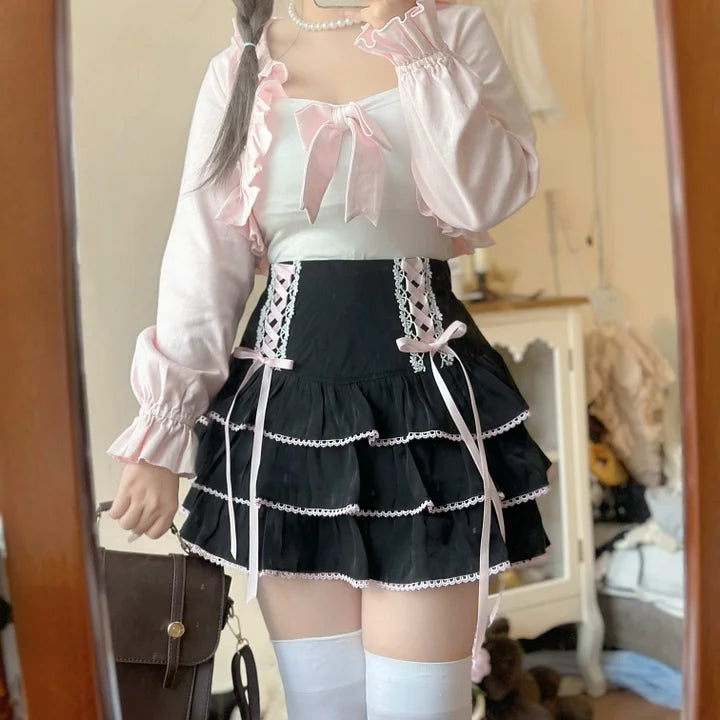 Japanese Cute Sweet Cool Girl Waist Elastic Cake Short Skirt Spring Summer Lolita Lolita Dresses