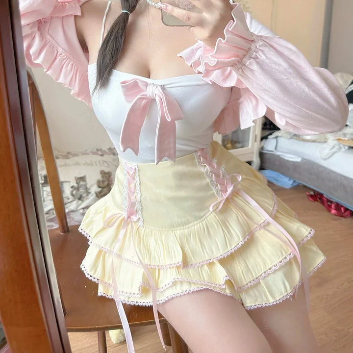 Japanese Cute Sweet Cool Girl Waist Elastic Cake Short Skirt Spring Summer Lolita Lolita Dresses