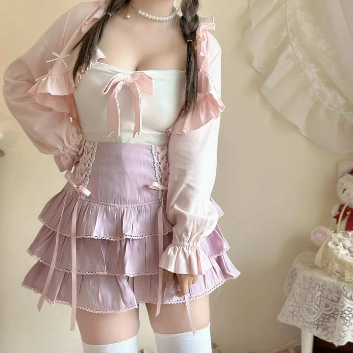 Japanese Cute Sweet Cool Girl Waist Elastic Cake Short Skirt Spring Summer Lolita Lolita Dresses