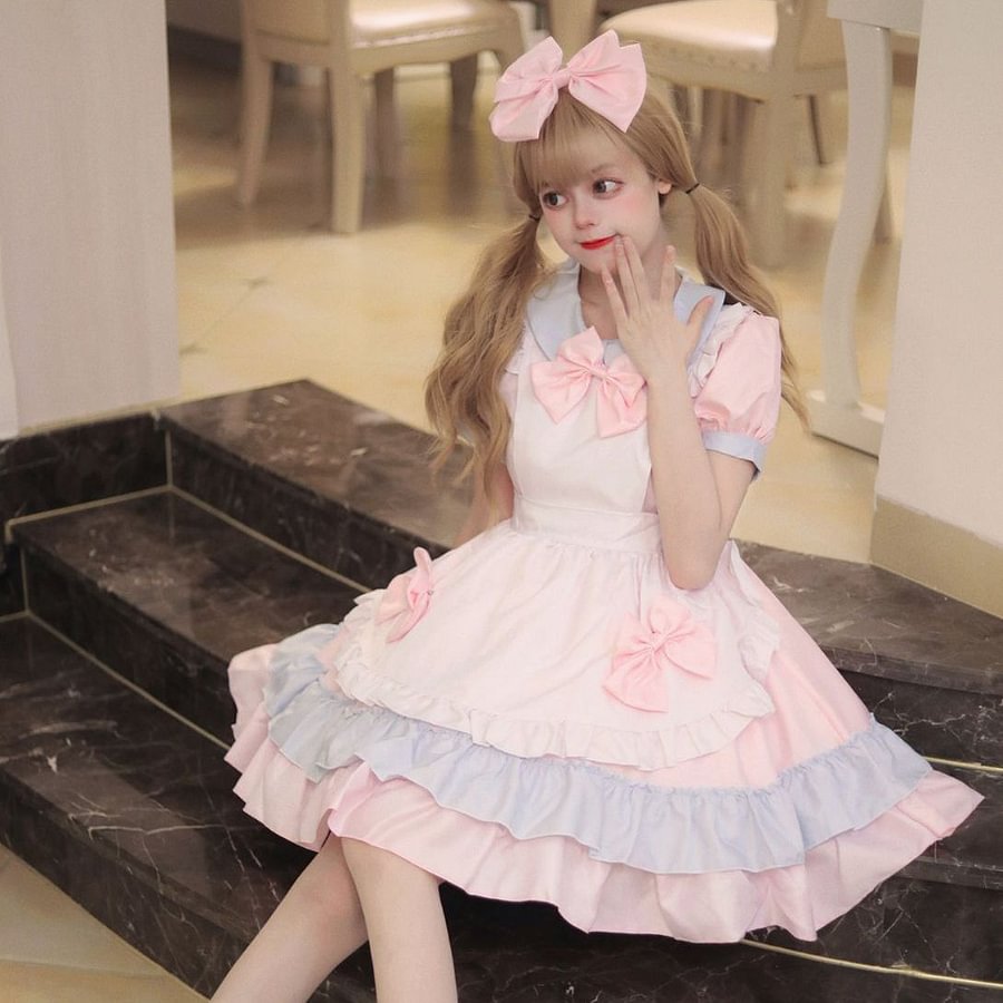 Maid Outfit Japanese Pink Black Cream Sweetheart Set 5XL Plus Size One Piece Dress