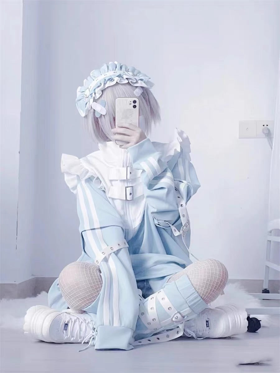 Jirai Kei Fashion Cyberpunk Kawaii Techwear Set Baby Blue Ruffled Jacket Shorts Streetwear Outfit