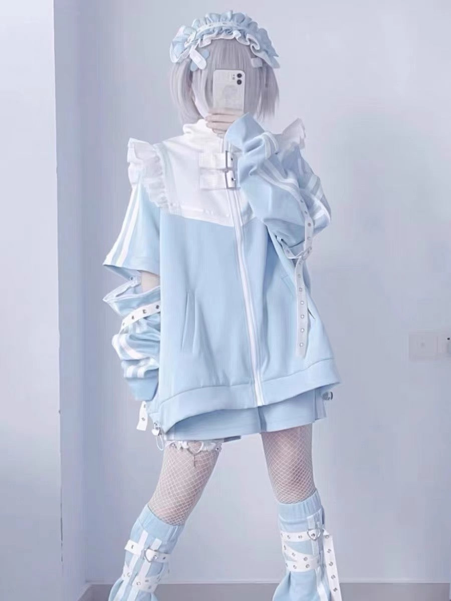 Jirai Kei Fashion Cyberpunk Kawaii Techwear Set Baby Blue Ruffled Jacket Shorts Streetwear Outfit