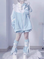 Jirai Kei Fashion Cyberpunk Kawaii Techwear Set Baby Blue Ruffled Jacket Shorts Streetwear Outfit