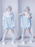 Jirai Kei Fashion Cyberpunk Kawaii Techwear Set Baby Blue Ruffled Jacket Shorts Streetwear Outfit