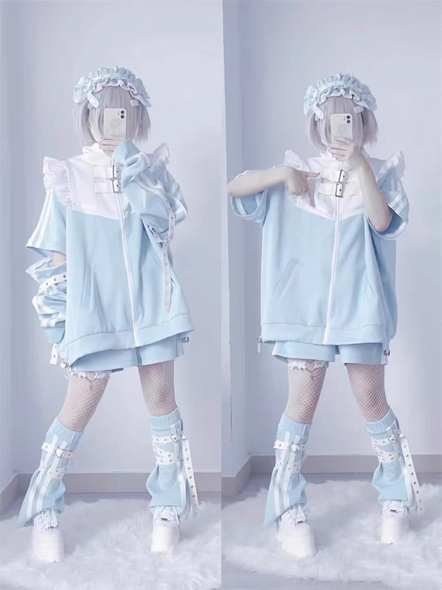 Jirai Kei Fashion Cyberpunk Kawaii Techwear Set Baby Blue Ruffled Jacket Shorts Streetwear Outfit