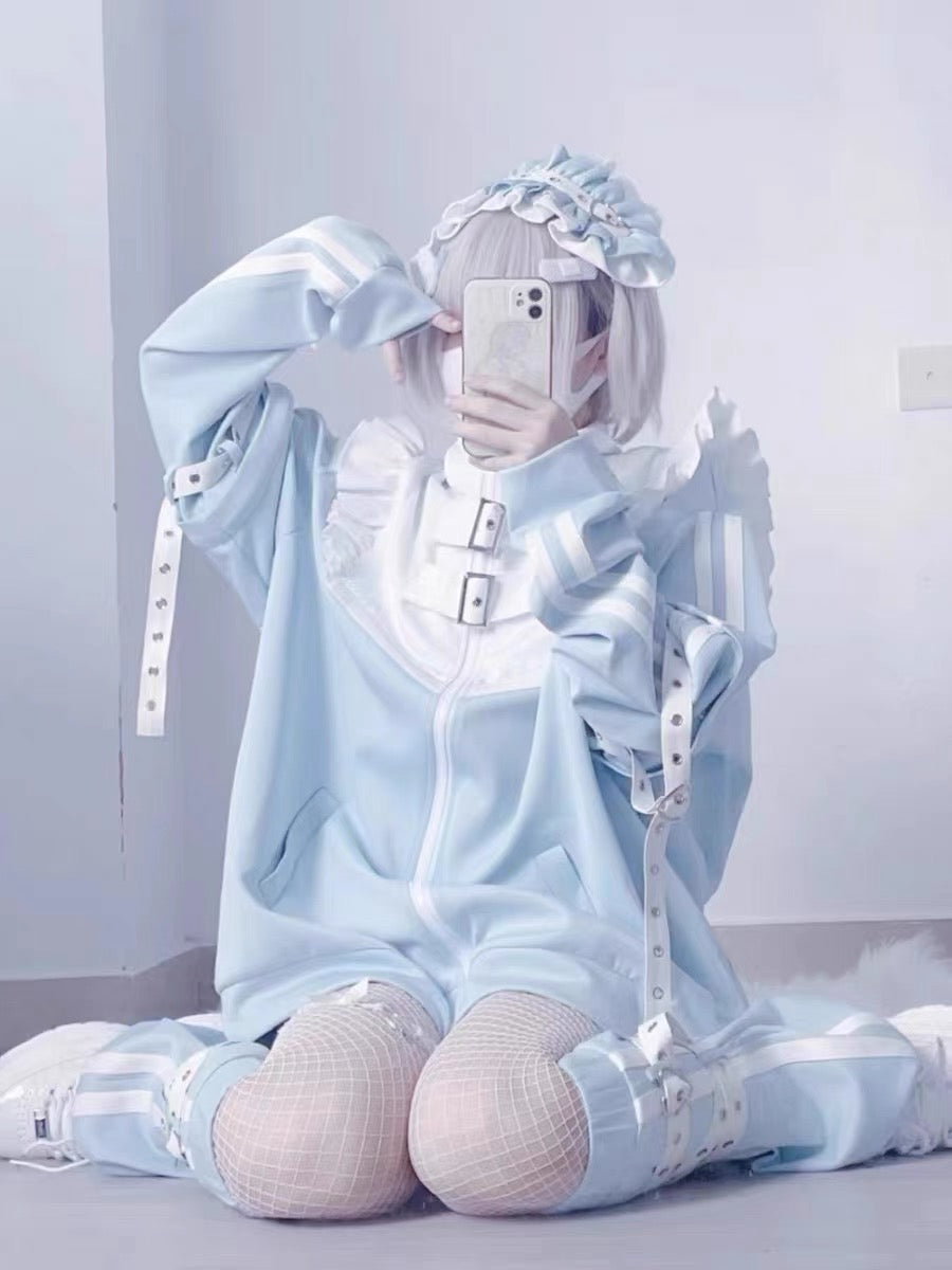 Jirai Kei Fashion Cyberpunk Kawaii Techwear Set Baby Blue Ruffled Jacket Shorts Streetwear Outfit