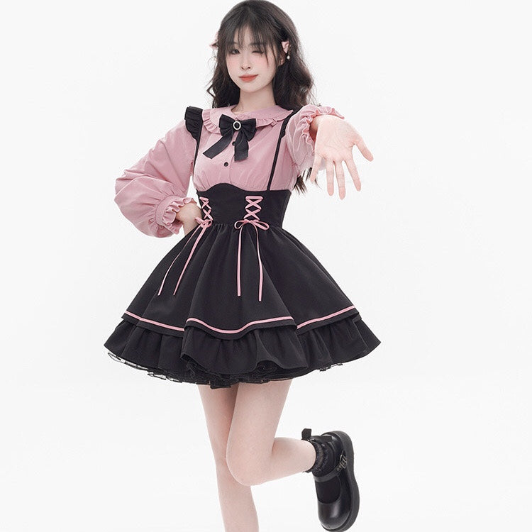 Jirai Kei Fashion Cyberpunk Kawaii Techwear Set Dress Pink Ruffled Jacket Shorts Streetwear Outfit