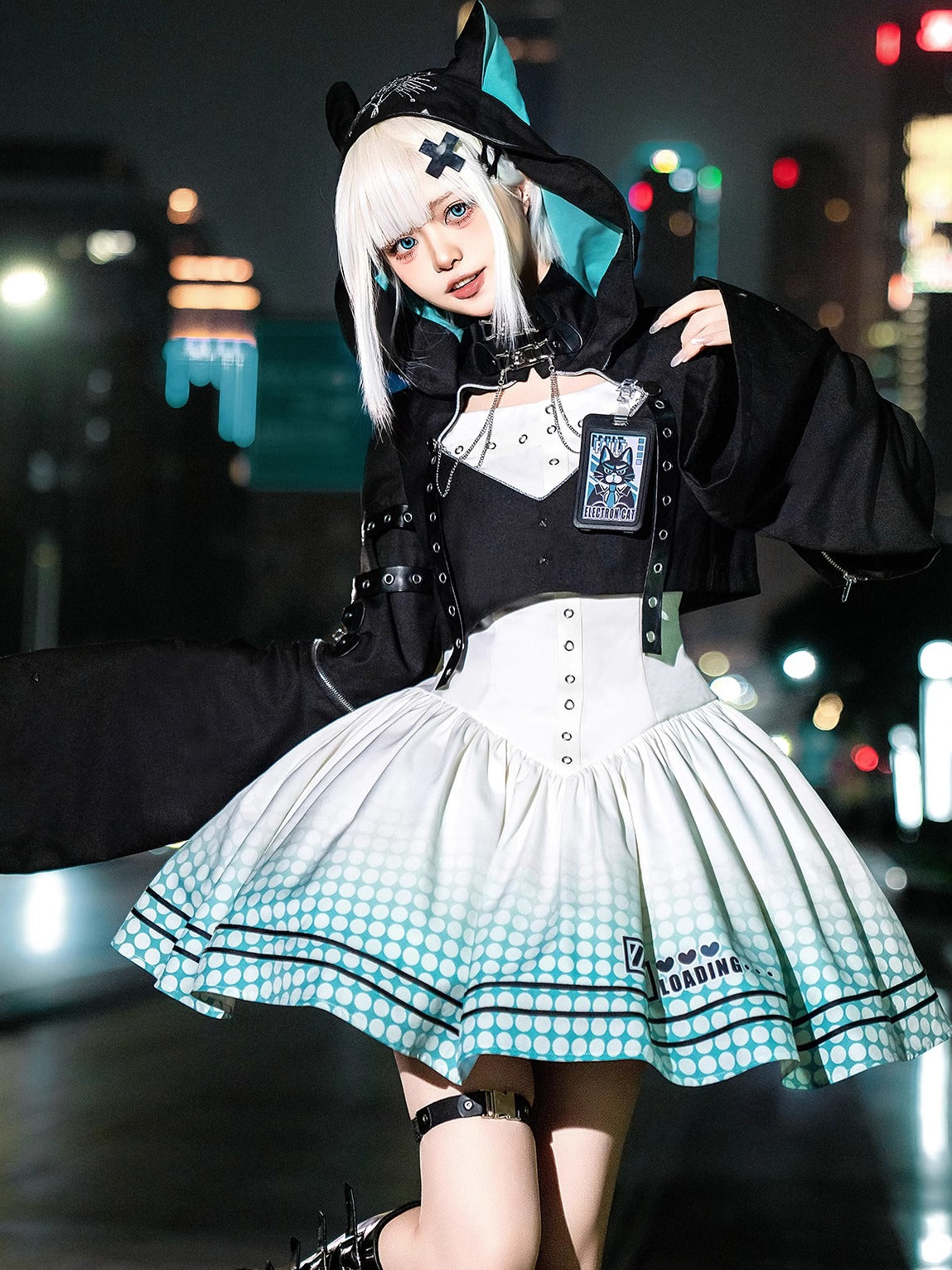 Jirai Kei Fashion Cyberpunk Lolita Set Hooded Jacket Corset Skirt Urban Nightwear Outfit Lolita Dresses