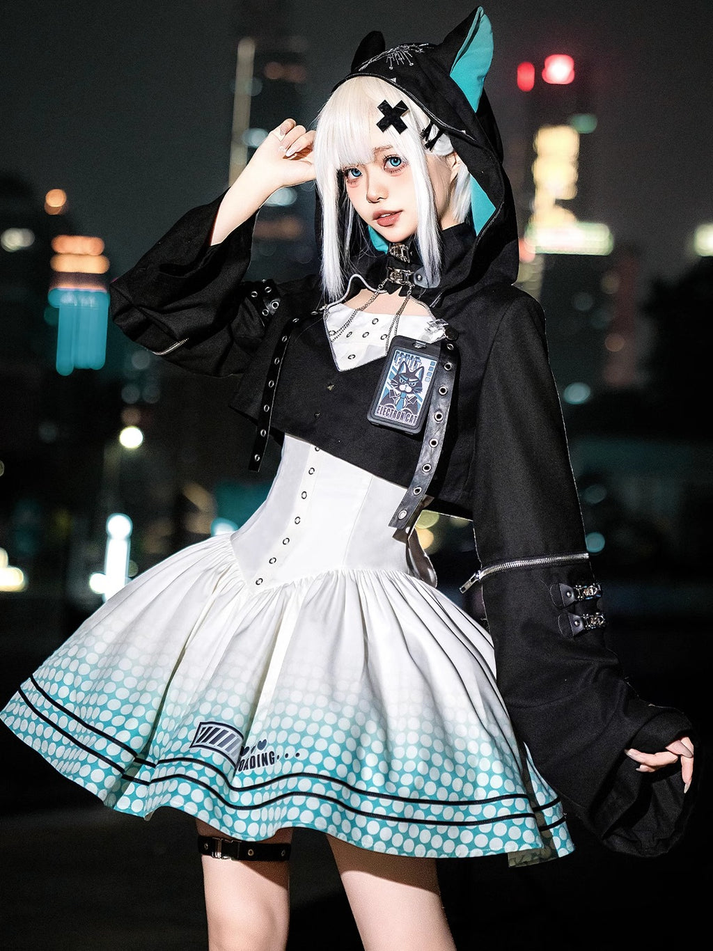 Jirai Kei Fashion Cyberpunk Lolita Set Hooded Jacket Corset Skirt Urban Nightwear Outfit Lolita Dresses