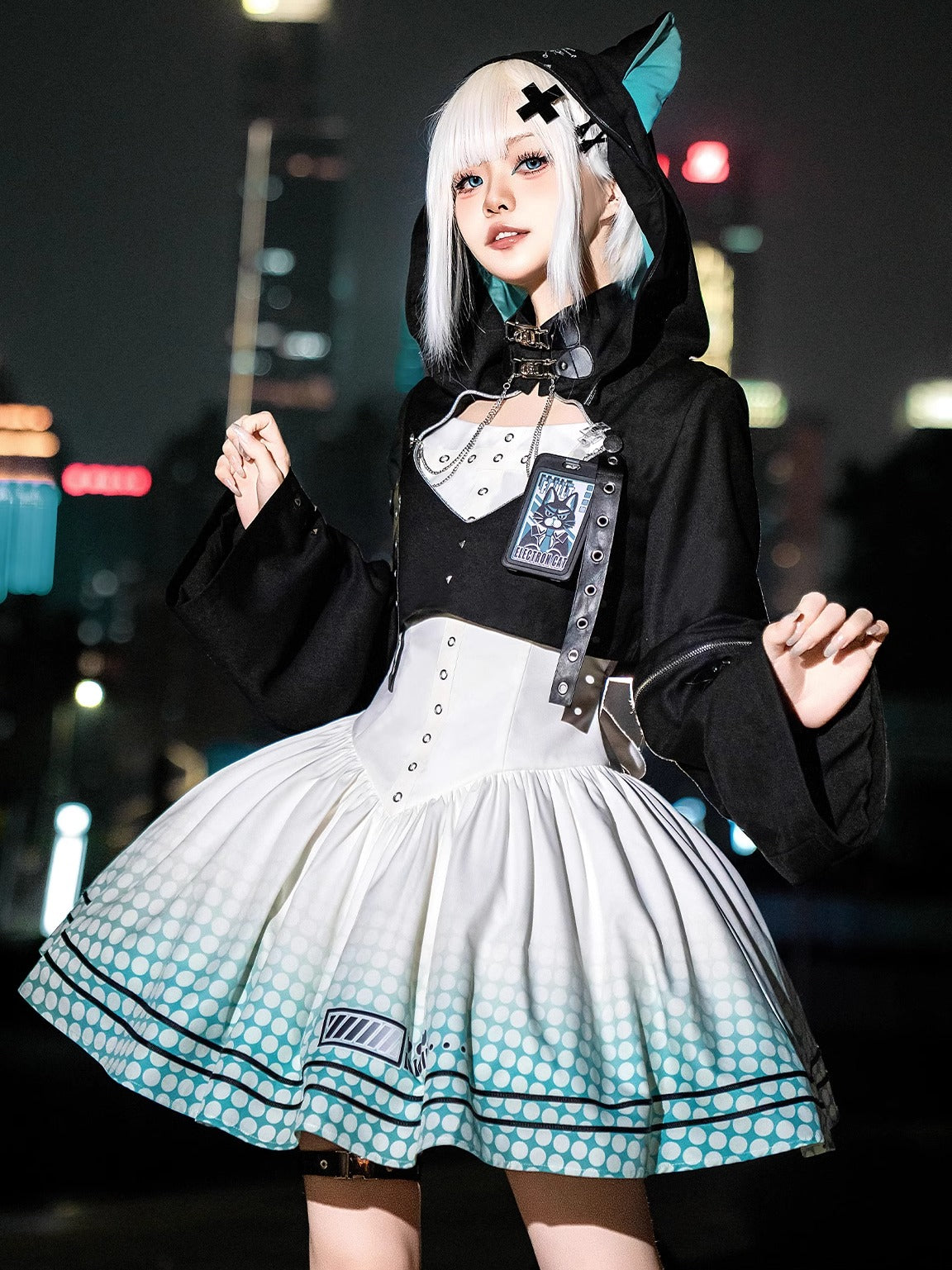 Jirai Kei Fashion Cyberpunk Lolita Set Hooded Jacket Corset Skirt Urban Nightwear Outfit Lolita Dresses