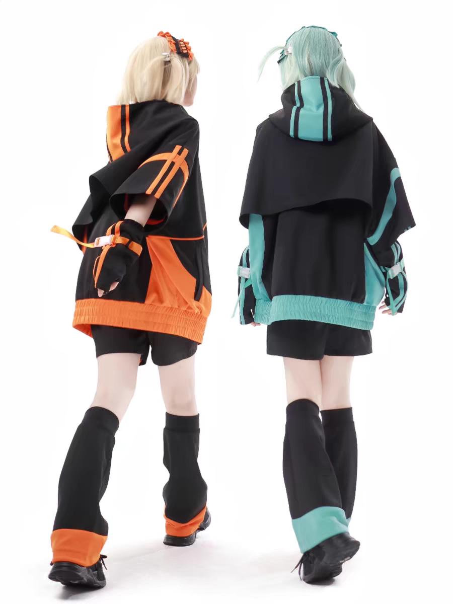 Jirai Kei Fashion Cyberpunk Techwear Set Orange Black Teal Black Futuristic Hoodie Oversized Sleeve Streetwear Edgy Outfit