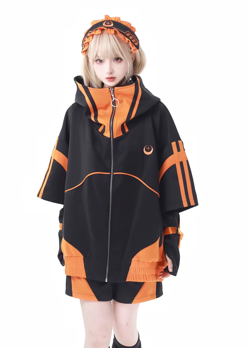 Jirai Kei Fashion Cyberpunk Techwear Set Orange Black Teal Black Futuristic Hoodie Oversized Sleeve Streetwear Edgy Outfit