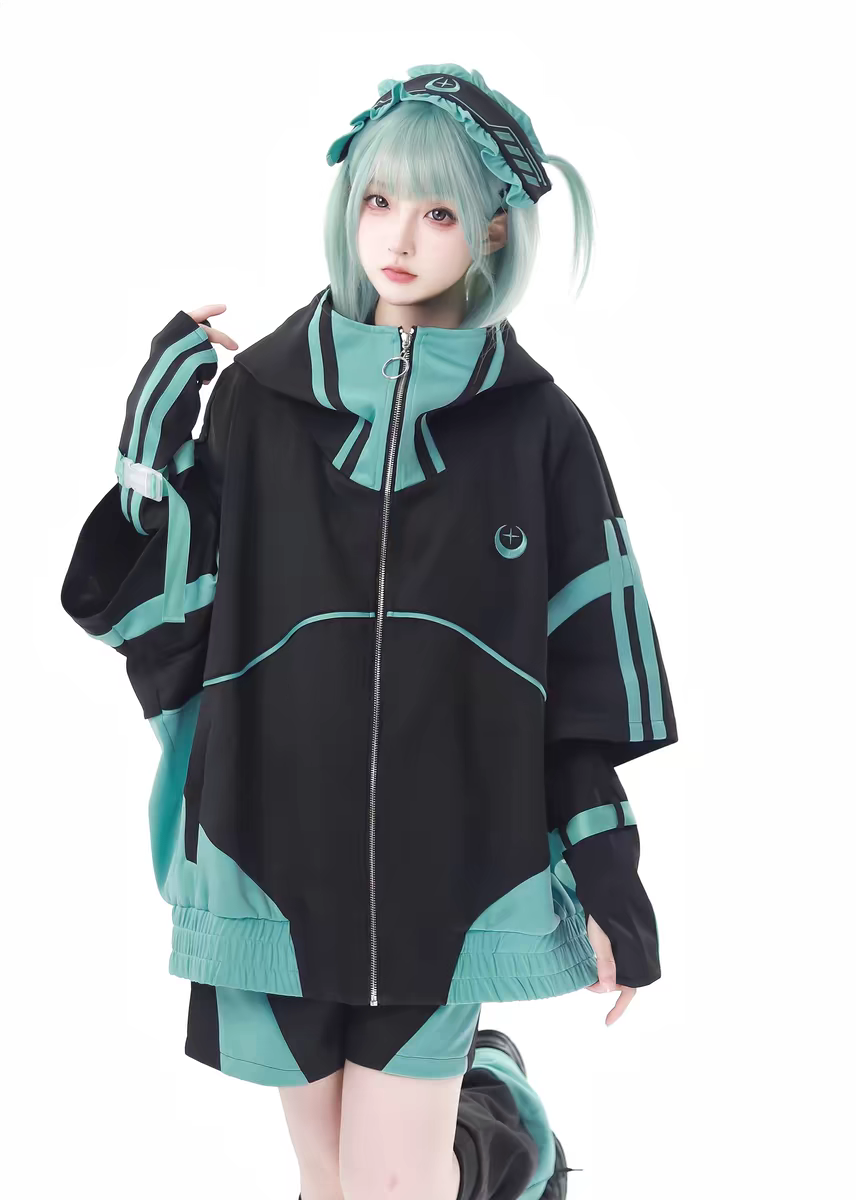 Jirai Kei Fashion Cyberpunk Techwear Set Orange Black Teal Black Futuristic Hoodie Oversized Sleeve Streetwear Edgy Outfit