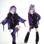 Jirai Kei Fashion Cyberpunk Techwear Set Purple Pink Blue Cat Ear Oversized Streetwear Edgy Outfit