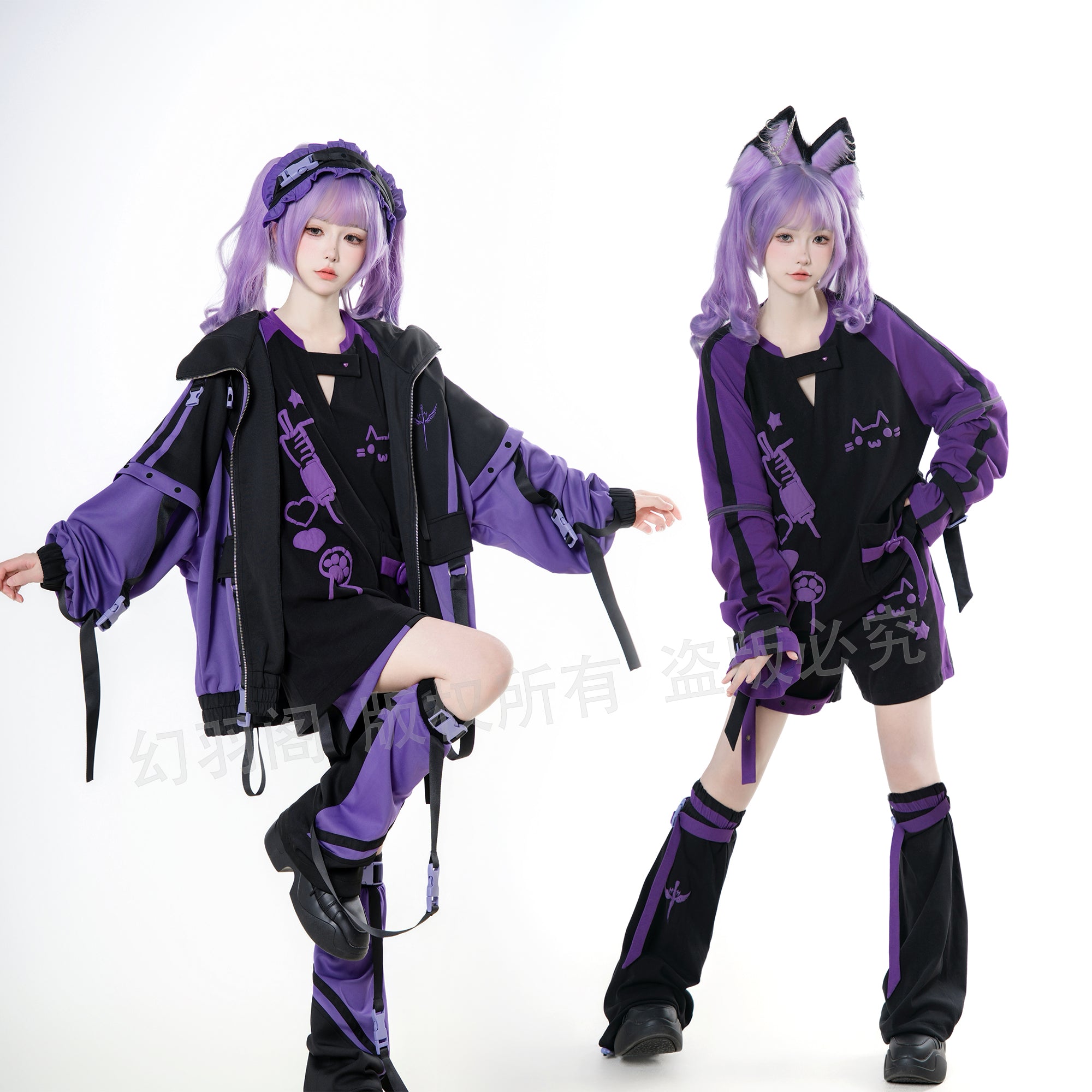 Jirai Kei Fashion Cyberpunk Techwear Set Purple Pink Blue Cat Ear Oversized Streetwear Edgy Outfit