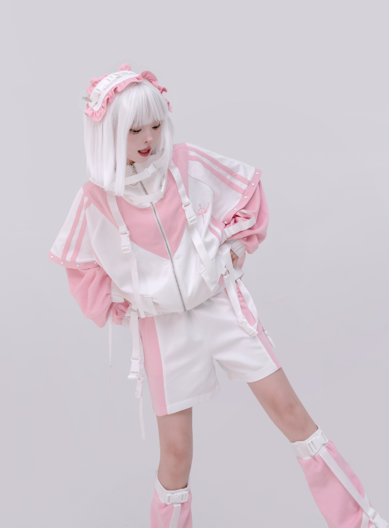 Jirai Kei Fashion Cyberpunk Techwear Set Purple Pink Blue Cat Ear Oversized Streetwear Edgy Outfit