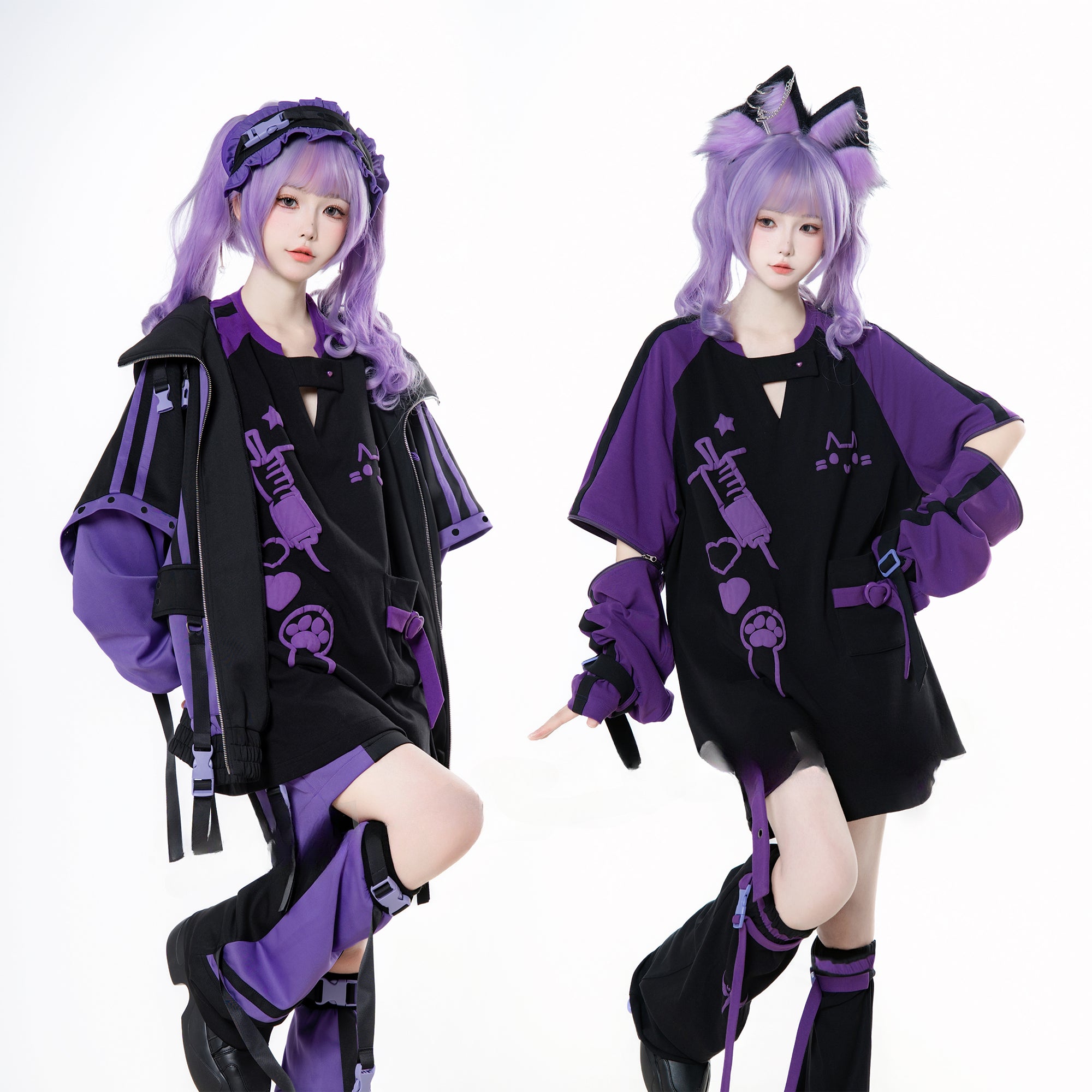Jirai Kei Fashion Cyberpunk Techwear Set Purple Pink Blue Cat Ear Oversized Streetwear Edgy Outfit