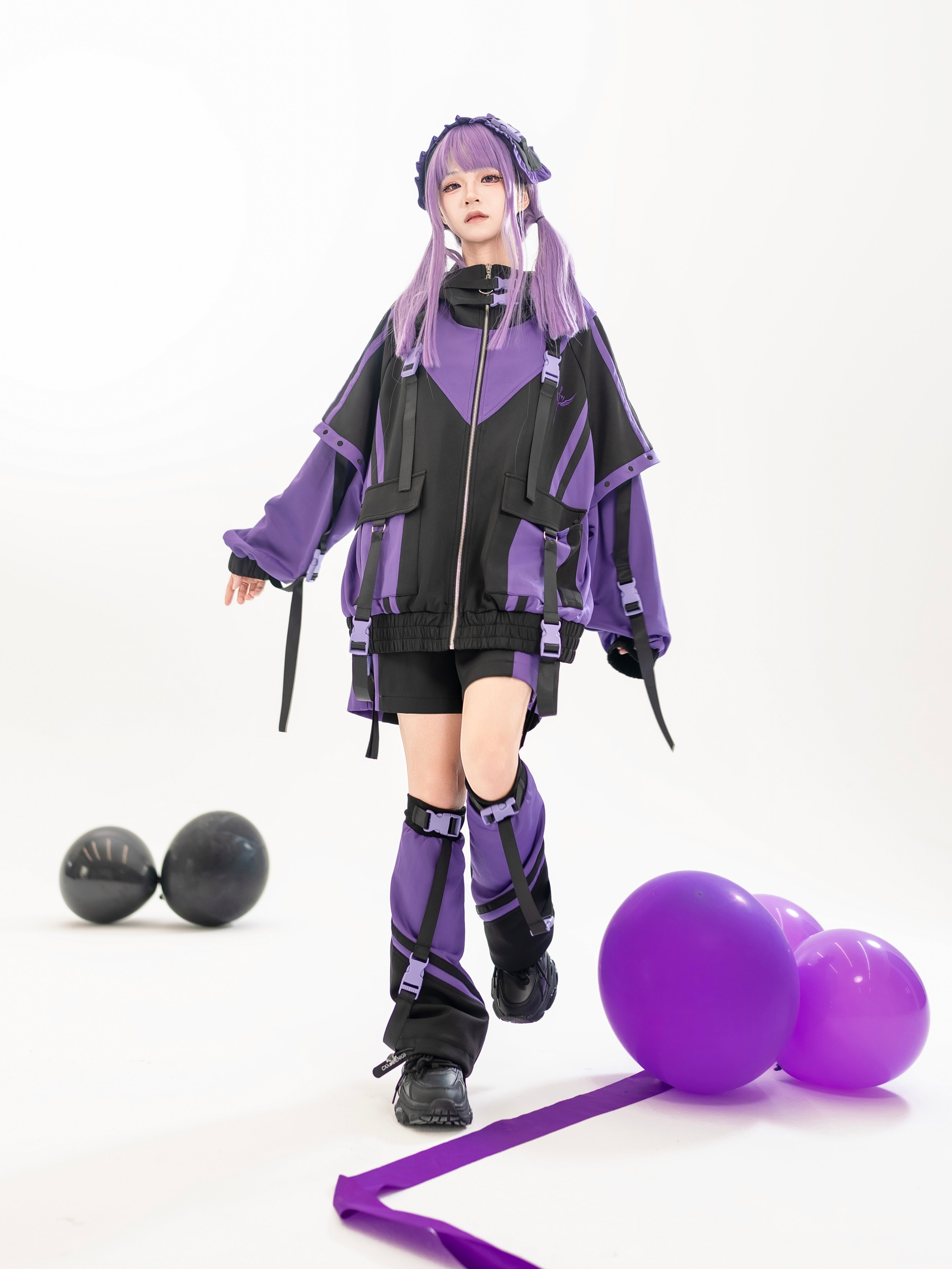 Jirai Kei Fashion Cyberpunk Techwear Set Purple Pink Blue Cat Ear Oversized Streetwear Edgy Outfit