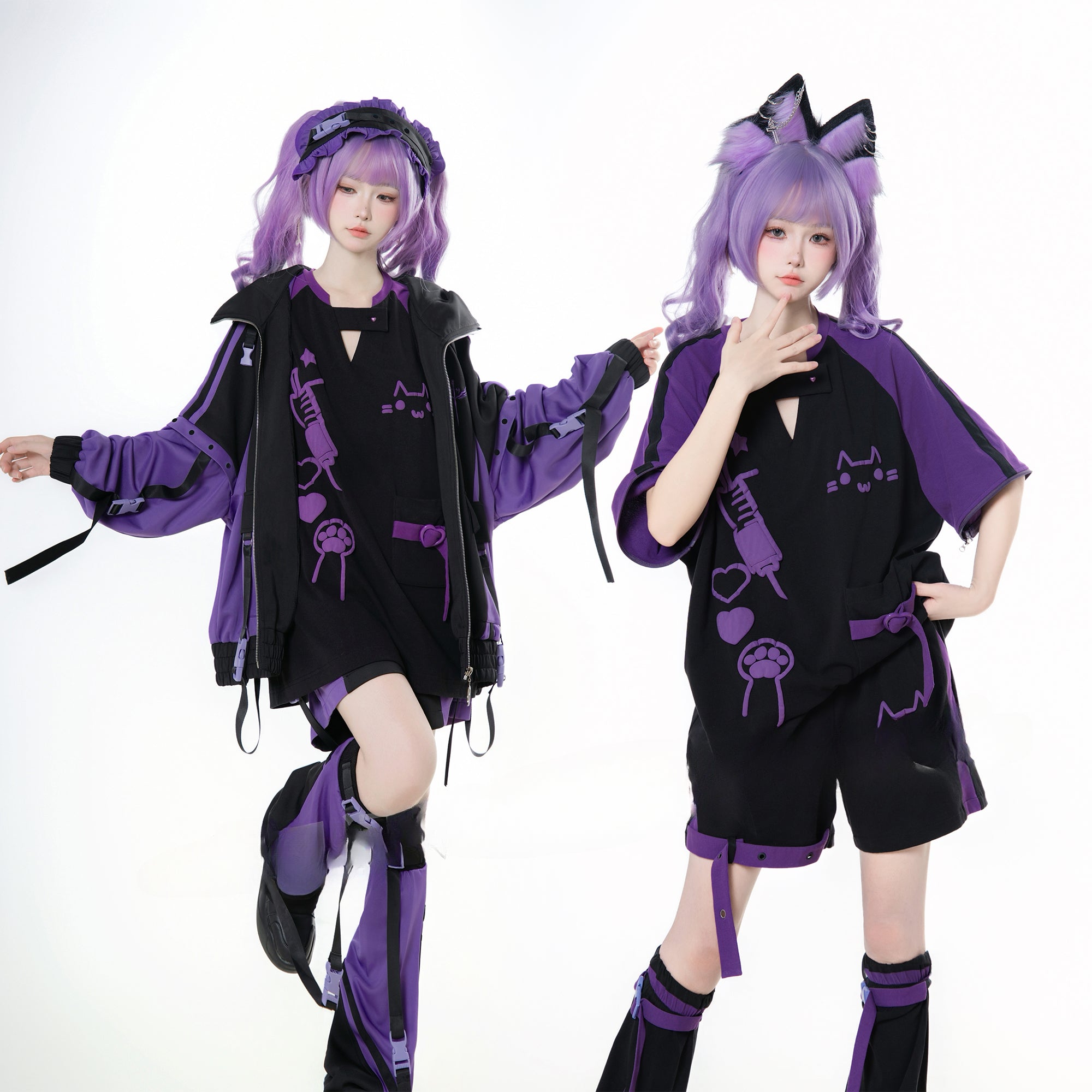 Jirai Kei Fashion Cyberpunk Techwear Set Purple Pink Blue Cat Ear Oversized Streetwear Edgy Outfit