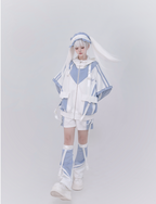 Jirai Kei Fashion Cyberpunk Techwear Set Purple Pink Blue Cat Ear Oversized Streetwear Edgy Outfit