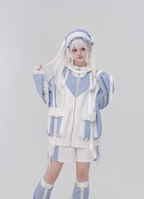 Jirai Kei Fashion Cyberpunk Techwear Set Purple Pink Blue Cat Ear Oversized Streetwear Edgy Outfit