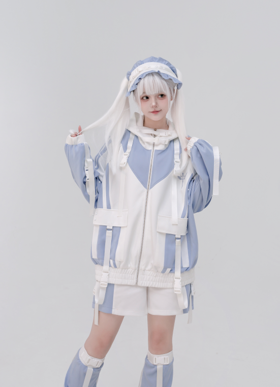 Jirai Kei Fashion Cyberpunk Techwear Set Purple Pink Blue Cat Ear Oversized Streetwear Edgy Outfit